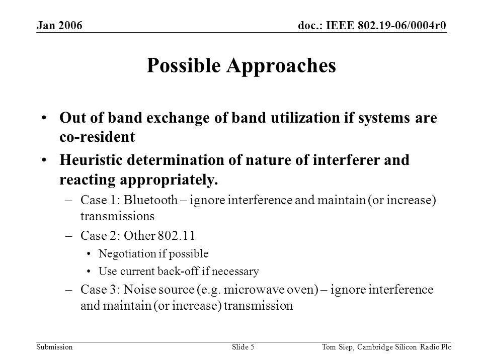 doc.: IEEE /0004r0 Submission Jan 2006 Tom Siep, Cambridge Silicon Radio PlcSlide 5 Possible Approaches Out of band exchange of band utilization if systems are co-resident Heuristic determination of nature of interferer and reacting appropriately.