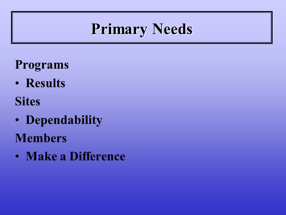 Primary Needs Programs Results Sites Dependability Members Make a Difference