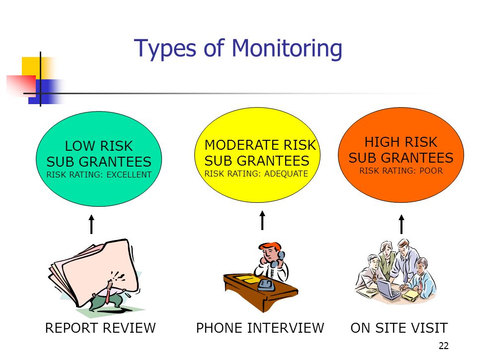 21 Risk-Based Monitoring Summary Develop Monitoring Strategy Determine Areas to Monitor Develop Written Monitoring Plan Educate Sub-grantees Fine-tune Process Conduct Monitoring