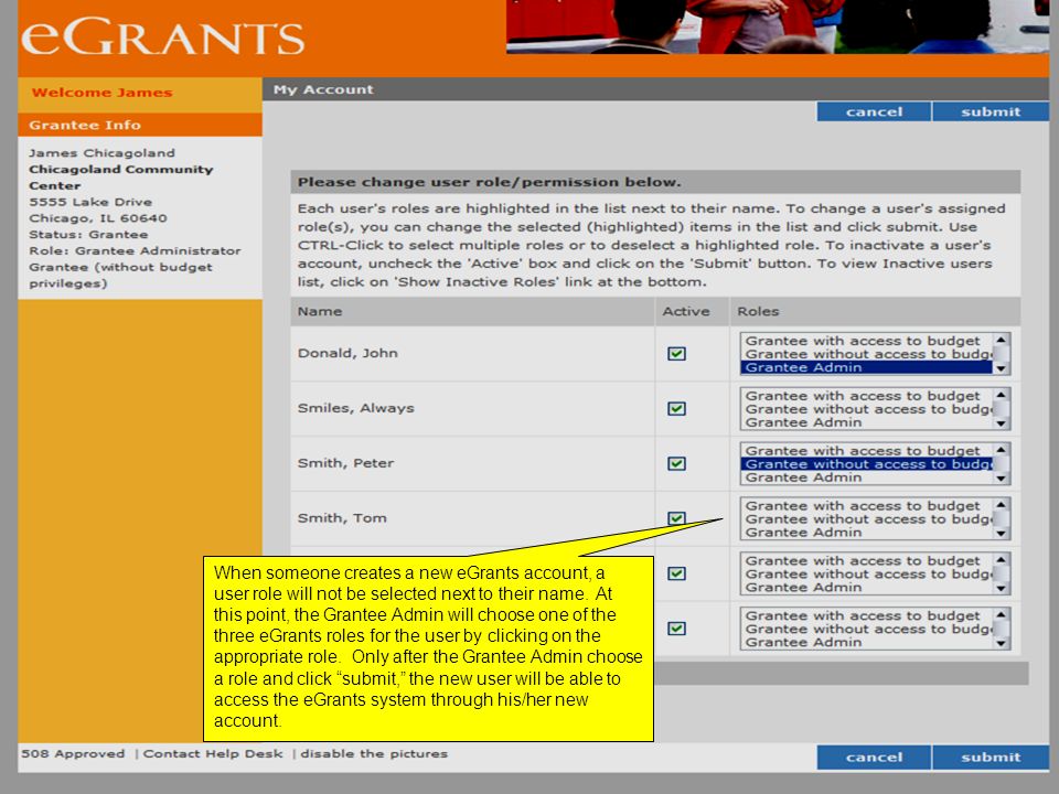 When someone creates a new eGrants account, a user role will not be selected next to their name.