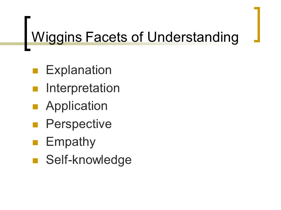 Wiggins Facets of Understanding Explanation Interpretation Application Perspective Empathy Self-knowledge