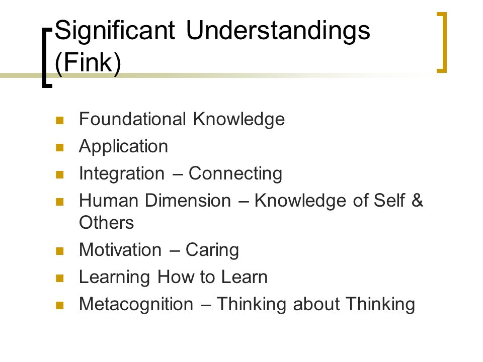 Significant Understandings (Fink) Foundational Knowledge Application Integration – Connecting Human Dimension – Knowledge of Self & Others Motivation – Caring Learning How to Learn Metacognition – Thinking about Thinking