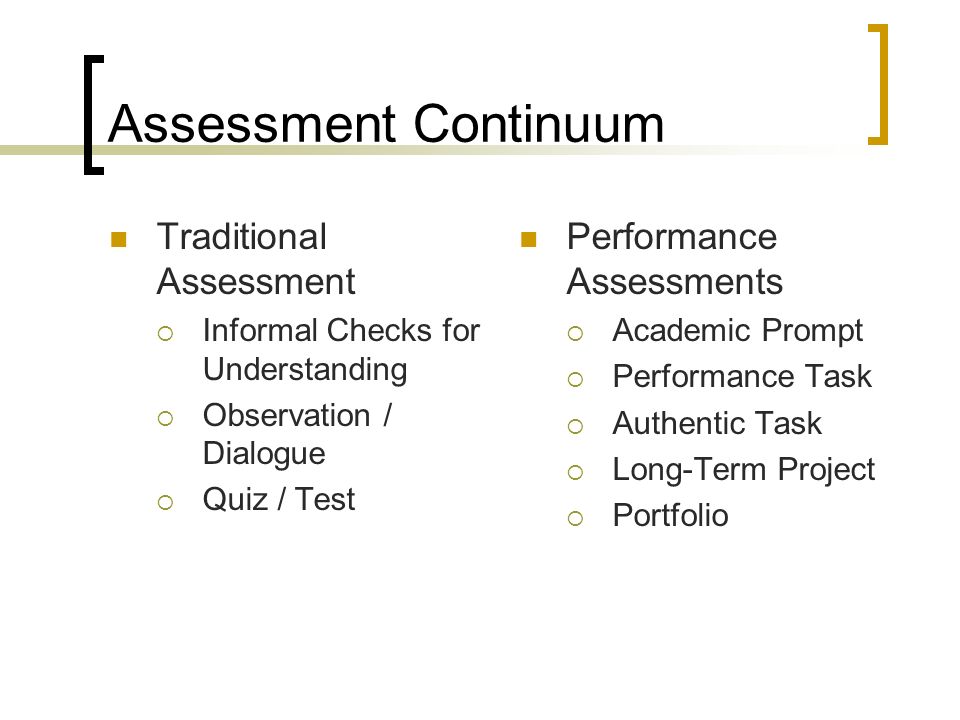 Assessment Continuum Traditional Assessment Informal Checks for Understanding Observation / Dialogue Quiz / Test Performance Assessments Academic Prompt Performance Task Authentic Task Long-Term Project Portfolio