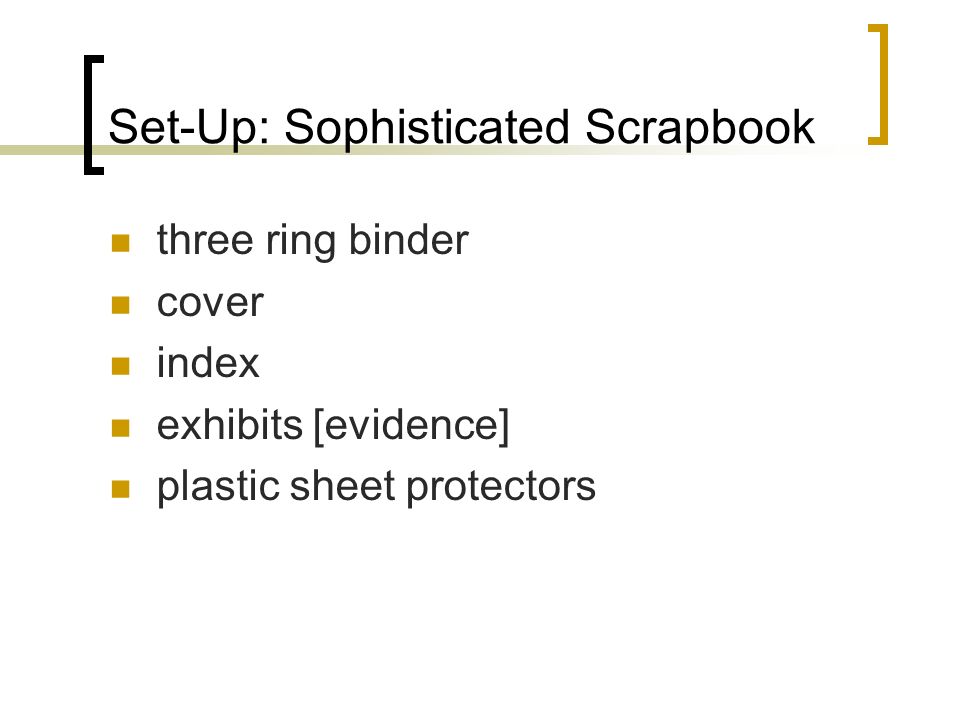 Set-Up: Sophisticated Scrapbook three ring binder cover index exhibits [evidence] plastic sheet protectors