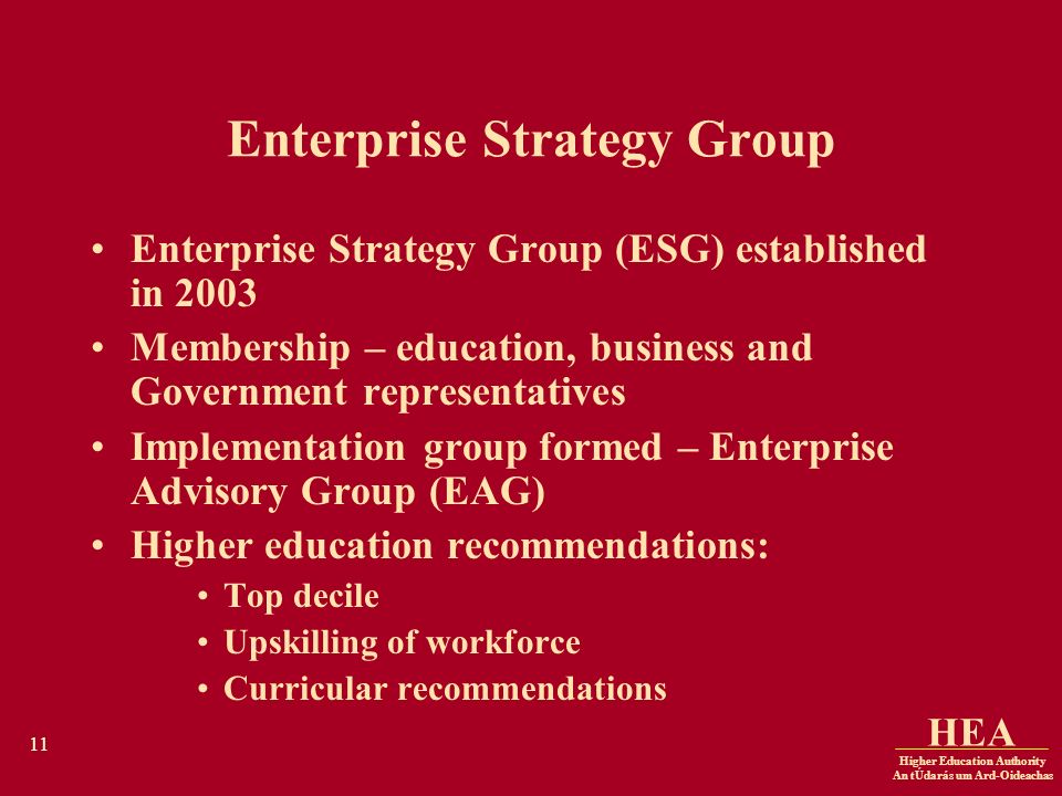 Higher Education Authority An tÚdarás um Ard-Oideachas HEA 11 Enterprise Strategy Group Enterprise Strategy Group (ESG) established in 2003 Membership – education, business and Government representatives Implementation group formed – Enterprise Advisory Group (EAG) Higher education recommendations: Top decile Upskilling of workforce Curricular recommendations