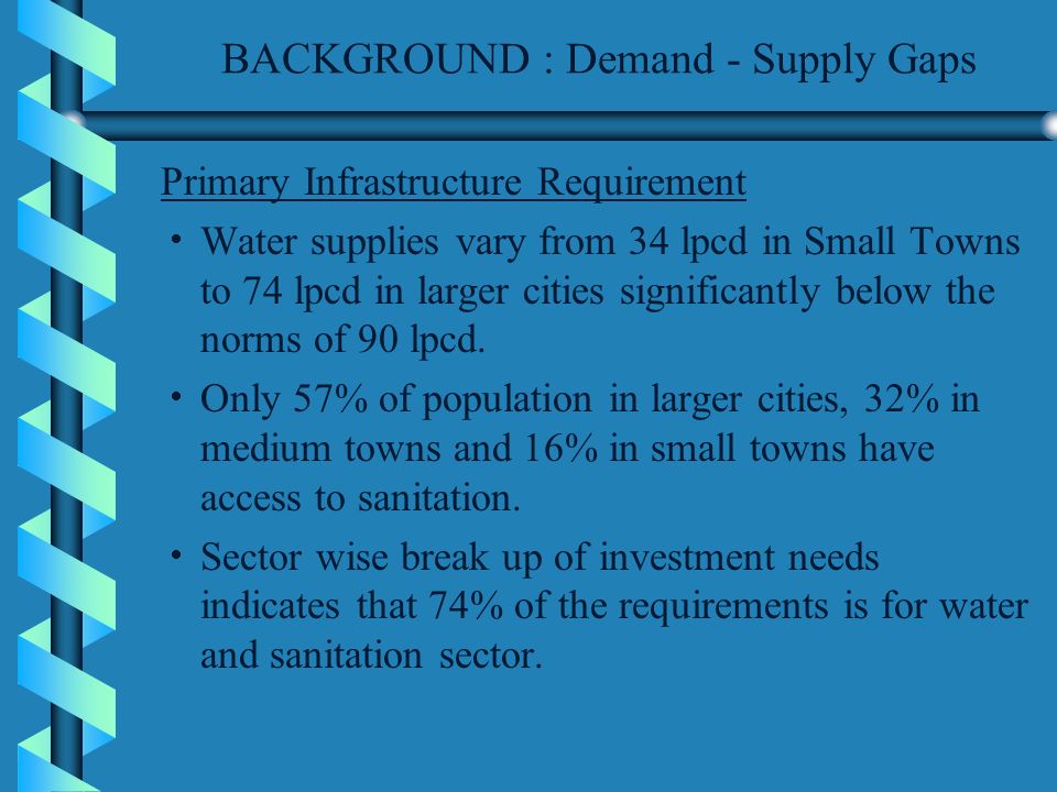 Primary Infrastructure Requirement Water supplies vary from 34 lpcd in Small Towns to 74 lpcd in larger cities significantly below the norms of 90 lpcd.