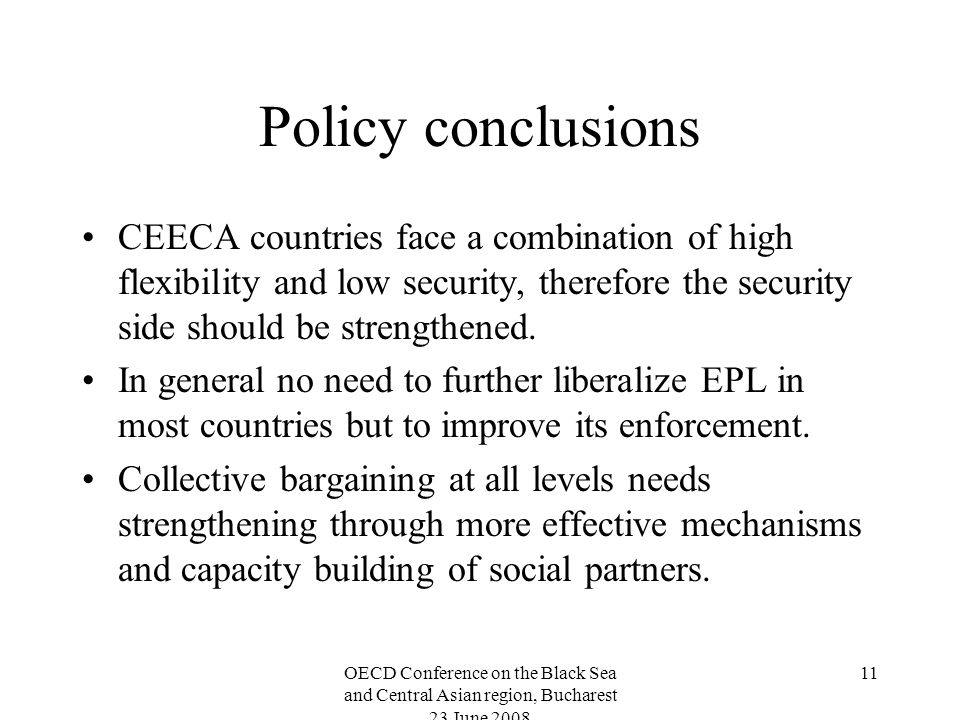 OECD Conference on the Black Sea and Central Asian region, Bucharest 23 June Policy conclusions CEECA countries face a combination of high flexibility and low security, therefore the security side should be strengthened.