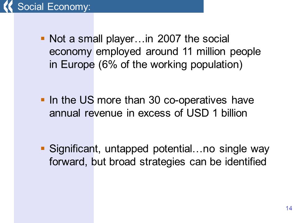 14 Not a small player…in 2007 the social economy employed around 11 million people in Europe (6% of the working population) In the US more than 30 co-operatives have annual revenue in excess of USD 1 billion Significant, untapped potential…no single way forward, but broad strategies can be identified Social Economy: