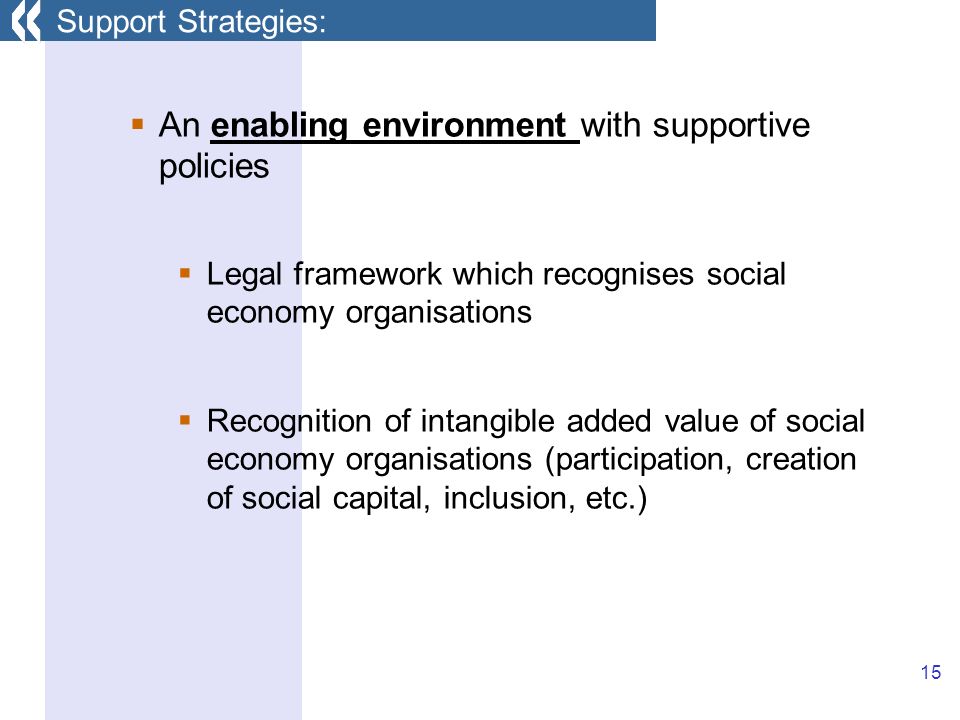 15 An enabling environment with supportive policies Legal framework which recognises social economy organisations Recognition of intangible added value of social economy organisations (participation, creation of social capital, inclusion, etc.) Support Strategies: