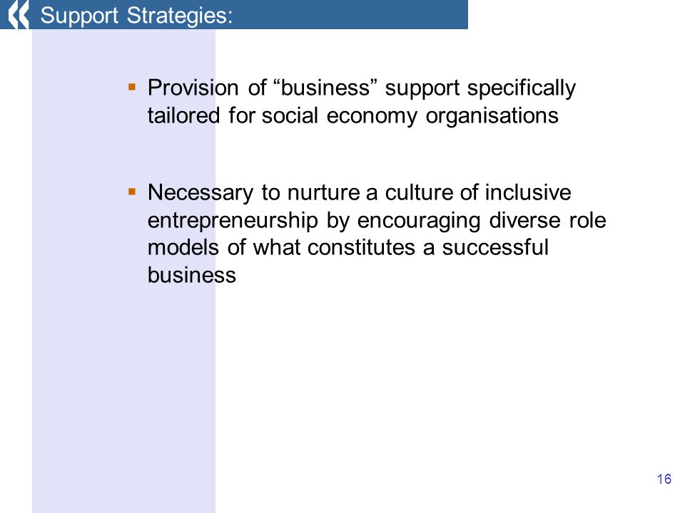 16 Provision of business support specifically tailored for social economy organisations Necessary to nurture a culture of inclusive entrepreneurship by encouraging diverse role models of what constitutes a successful business Support Strategies: