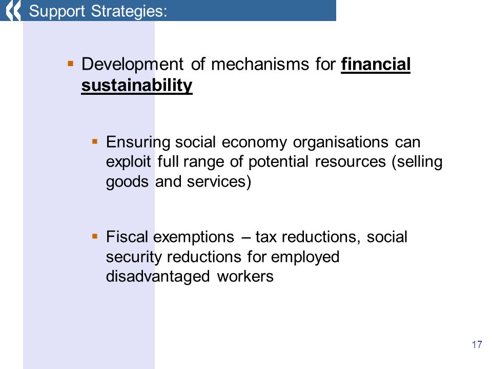 17 Development of mechanisms for financial sustainability Ensuring social economy organisations can exploit full range of potential resources (selling goods and services) Fiscal exemptions – tax reductions, social security reductions for employed disadvantaged workers Support Strategies: