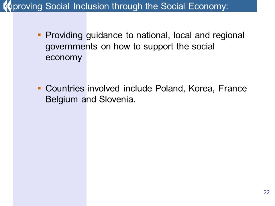 22 Providing guidance to national, local and regional governments on how to support the social economy Countries involved include Poland, Korea, France Belgium and Slovenia.