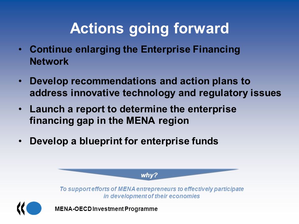 MENA-OECD Investment Programme Actions going forward Continue enlarging the Enterprise Financing Network Develop recommendations and action plans to address innovative technology and regulatory issues Launch a report to determine the enterprise financing gap in the MENA region Develop a blueprint for enterprise funds To support efforts of MENA entrepreneurs to effectively participate in development of their economies why