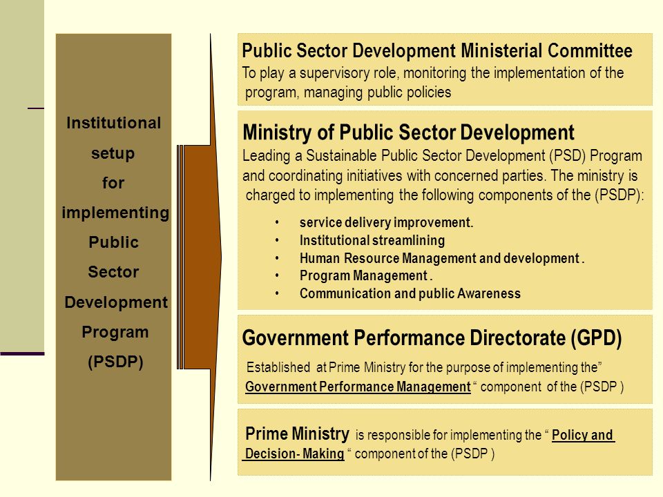 Institutional setup for implementing Public Sector Development Program (PSDP) Public Sector Development Ministerial Committee To play a supervisory role, monitoring the implementation of the program, managing public policies Ministry of Public Sector Development Leading a Sustainable Public Sector Development (PSD) Program and coordinating initiatives with concerned parties.