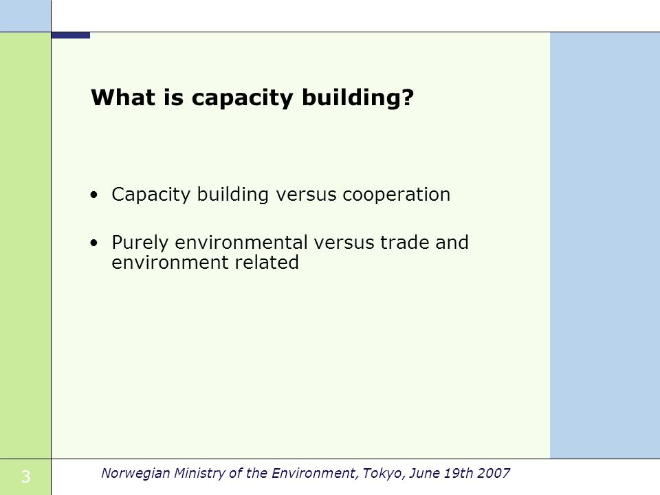 3 Norwegian Ministry of the Environment, Tokyo, June 19th 2007 What is capacity building.