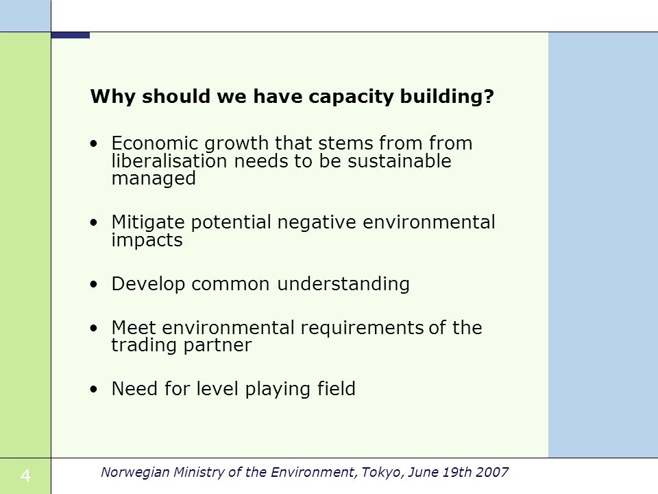 4 Norwegian Ministry of the Environment, Tokyo, June 19th 2007 Why should we have capacity building.