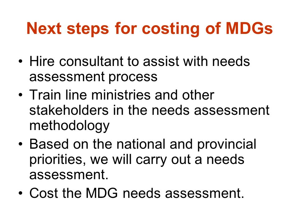 Next steps for costing of MDGs Hire consultant to assist with needs assessment process Train line ministries and other stakeholders in the needs assessment methodology Based on the national and provincial priorities, we will carry out a needs assessment.