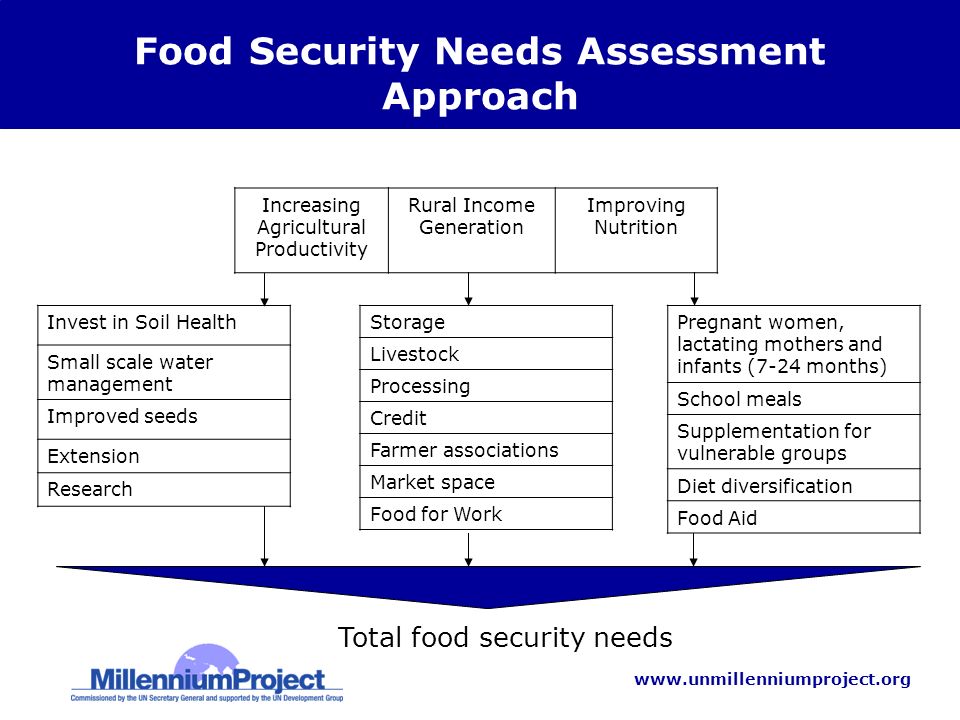 Total food security needs Increasing Agricultural Productivity Rural Income Generation Improving Nutrition Food Security Needs Assessment Approach Invest in Soil Health Small scale water management Improved seeds Extension Research Storage Livestock Processing Credit Farmer associations Market space Food for Work Pregnant women, lactating mothers and infants (7-24 months) School meals Supplementation for vulnerable groups Diet diversification Food Aid