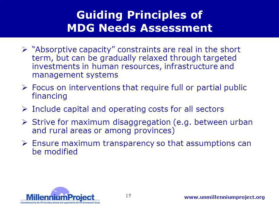 15   Guiding Principles of MDG Needs Assessment Absorptive capacity constraints are real in the short term, but can be gradually relaxed through targeted investments in human resources, infrastructure and management systems Focus on interventions that require full or partial public financing Include capital and operating costs for all sectors Strive for maximum disaggregation (e.g.