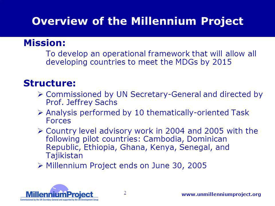 2   Overview of the Millennium Project Mission: –To develop an operational framework that will allow all developing countries to meet the MDGs by 2015 Structure: Commissioned by UN Secretary-General and directed by Prof.