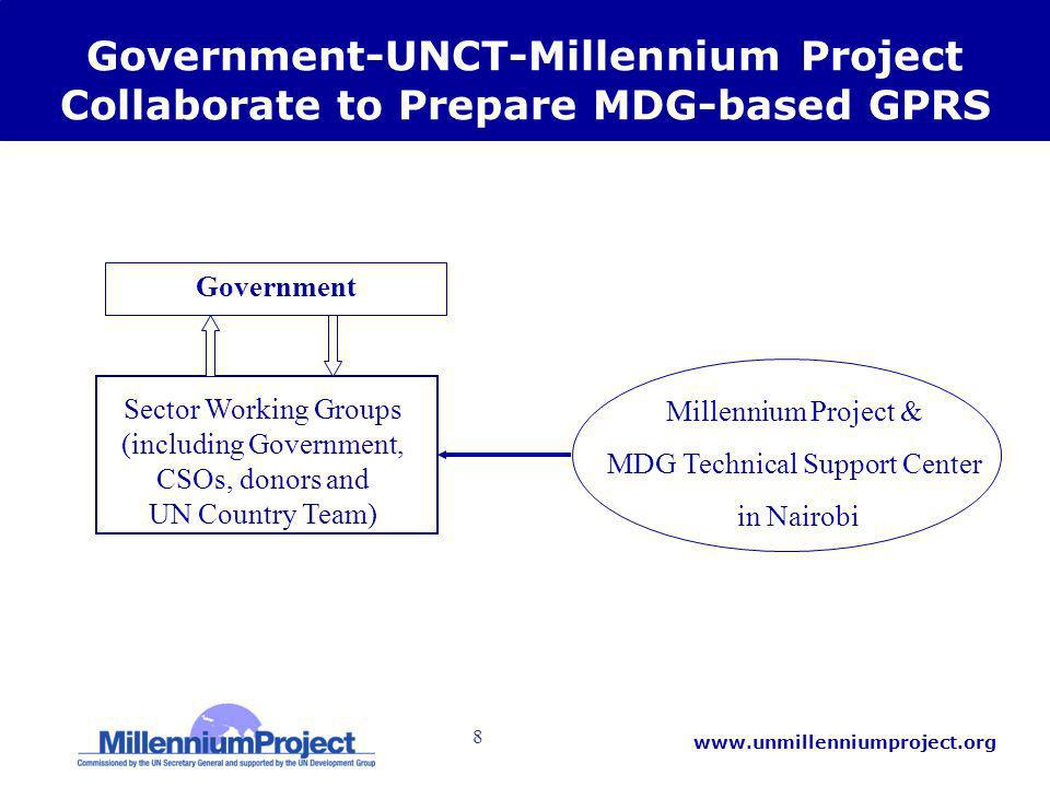 8   Government-UNCT-Millennium Project Collaborate to Prepare MDG-based GPRS Government Sector Working Groups (including Government, CSOs, donors and UN Country Team) Millennium Project & MDG Technical Support Center in Nairobi