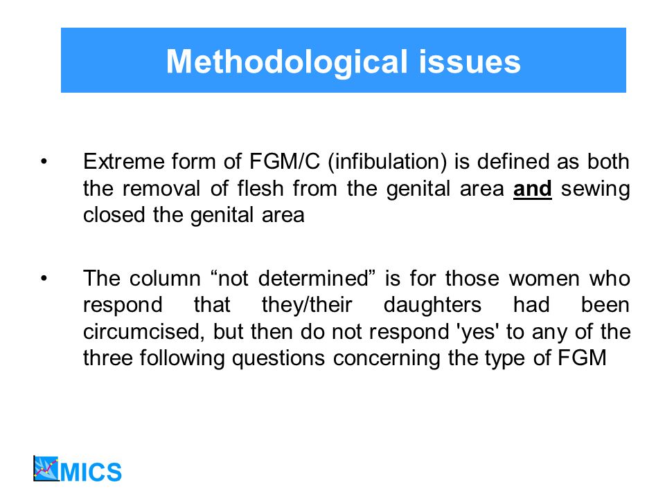 Methodological issues Extreme form of FGM/C (infibulation) is defined as both the removal of flesh from the genital area and sewing closed the genital area The column not determined is for those women who respond that they/their daughters had been circumcised, but then do not respond yes to any of the three following questions concerning the type of FGM