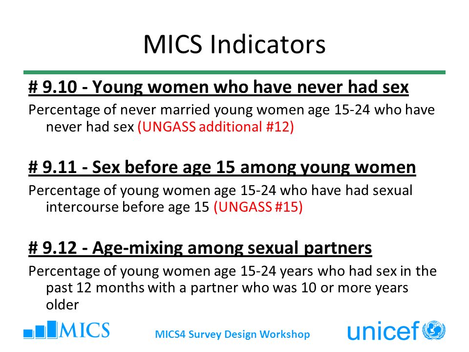 MICS4 Survey Design Workshop MICS Indicators # Young women who have never had sex Percentage of never married young women age who have never had sex (UNGASS additional #12) # Sex before age 15 among young women Percentage of young women age who have had sexual intercourse before age 15 (UNGASS #15) # Age-mixing among sexual partners Percentage of young women age years who had sex in the past 12 months with a partner who was 10 or more years older