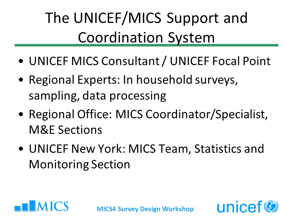 MICS4 Survey Design Workshop The UNICEF/MICS Support and Coordination System UNICEF MICS Consultant / UNICEF Focal Point Regional Experts: In household surveys, sampling, data processing Regional Office: MICS Coordinator/Specialist, M&E Sections UNICEF New York: MICS Team, Statistics and Monitoring Section