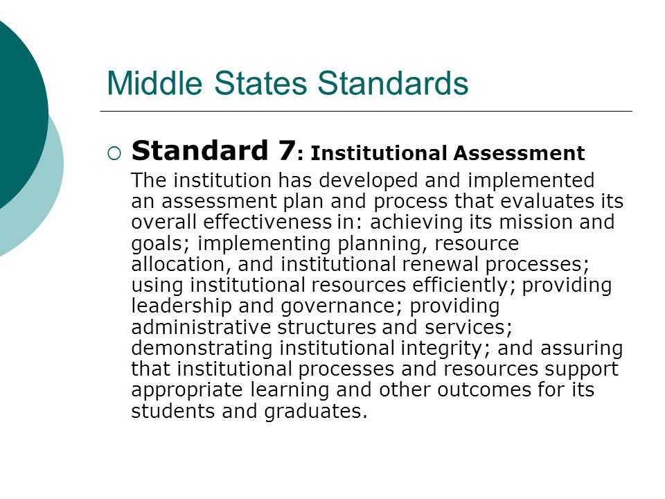 Middle States Standards Standard 7 : Institutional Assessment The institution has developed and implemented an assessment plan and process that evaluates its overall effectiveness in: achieving its mission and goals; implementing planning, resource allocation, and institutional renewal processes; using institutional resources efficiently; providing leadership and governance; providing administrative structures and services; demonstrating institutional integrity; and assuring that institutional processes and resources support appropriate learning and other outcomes for its students and graduates.