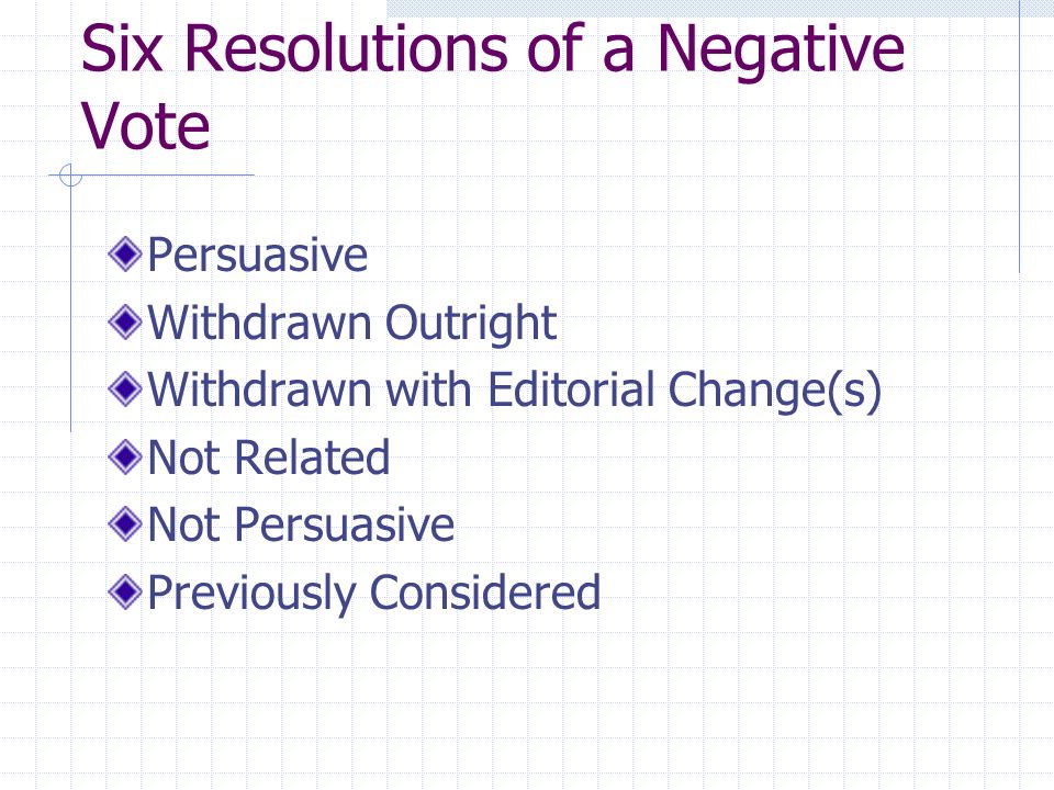 Six Resolutions of a Negative Vote Persuasive Withdrawn Outright Withdrawn with Editorial Change(s) Not Related Not Persuasive Previously Considered