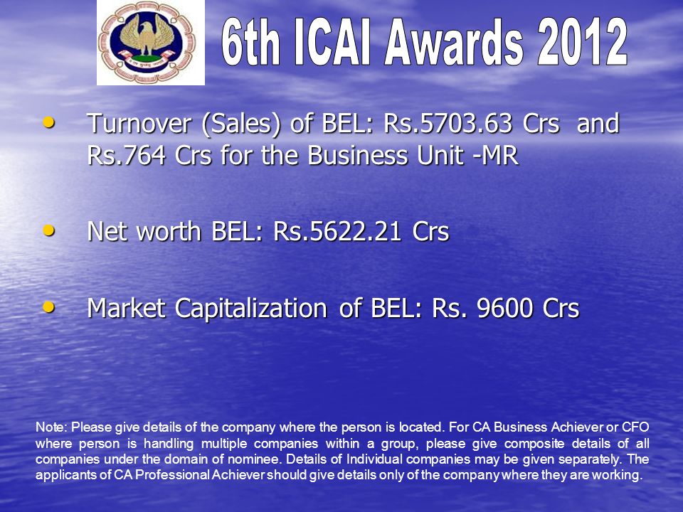 Turnover (Sales) of BEL: Rs Crs and Rs.764 Crs for the Business Unit -MR Turnover (Sales) of BEL: Rs Crs and Rs.764 Crs for the Business Unit -MR Net worth BEL: Rs Crs Net worth BEL: Rs Crs Market Capitalization of BEL: Rs.