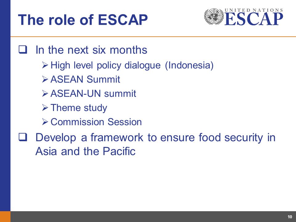 10 The role of ESCAP In the next six months High level policy dialogue (Indonesia) ASEAN Summit ASEAN-UN summit Theme study Commission Session Develop a framework to ensure food security in Asia and the Pacific
