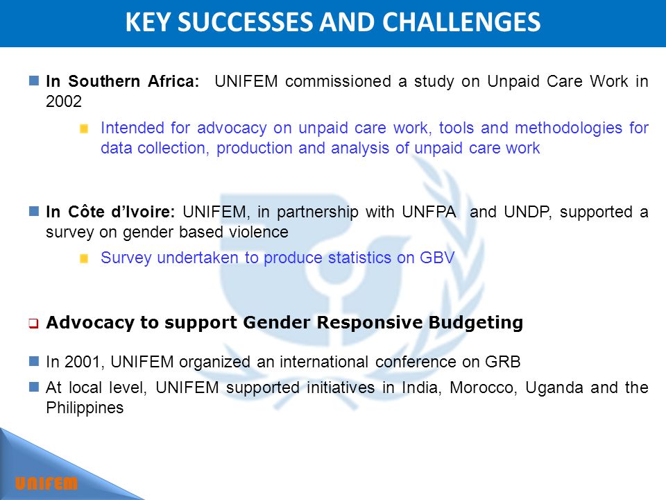 KEY SUCCESSES AND CHALLENGES UNIFEM In Southern Africa: UNIFEM commissioned a study on Unpaid Care Work in 2002 Intended for advocacy on unpaid care work, tools and methodologies for data collection, production and analysis of unpaid care work In Côte dIvoire: UNIFEM, in partnership with UNFPA and UNDP, supported a survey on gender based violence Survey undertaken to produce statistics on GBV Advocacy to support Gender Responsive Budgeting In 2001, UNIFEM organized an international conference on GRB At local level, UNIFEM supported initiatives in India, Morocco, Uganda and the Philippines