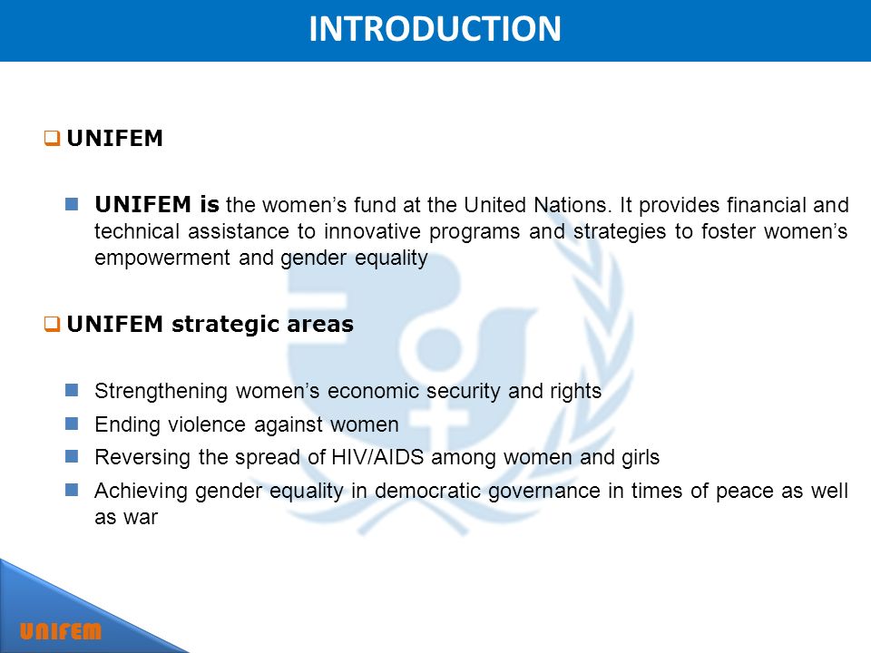 INTRODUCTION UNIFEM UNIFEM is the womens fund at the United Nations.