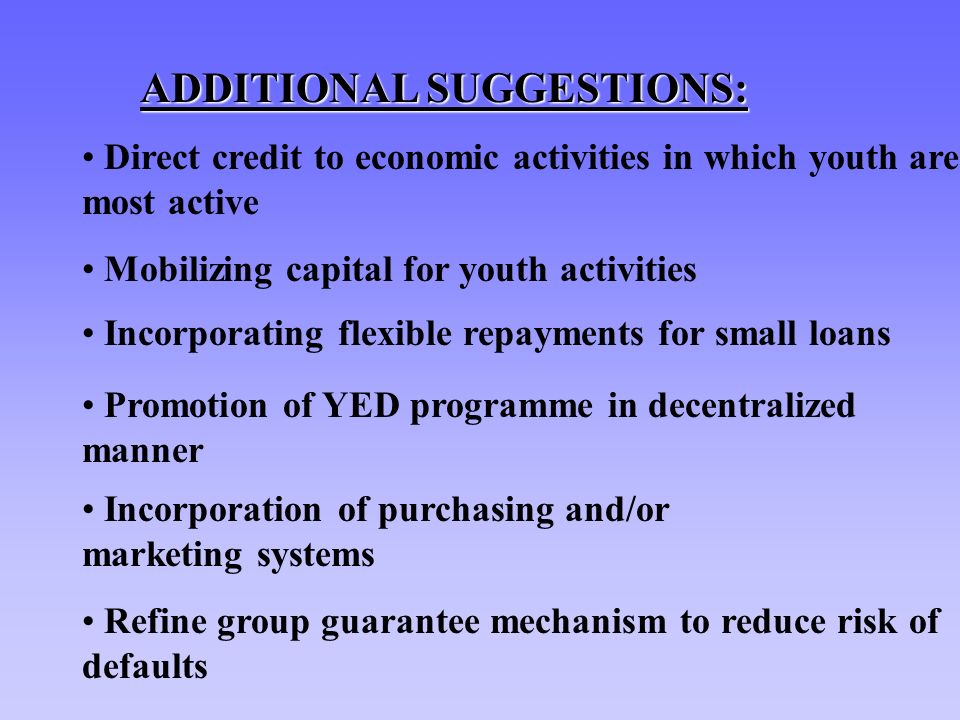 ADDITIONAL SUGGESTIONS: Refine group guarantee mechanism to reduce risk of defaults Direct credit to economic activities in which youth are most active Mobilizing capital for youth activities Incorporating flexible repayments for small loans Promotion of YED programme in decentralized manner Incorporation of purchasing and/or marketing systems