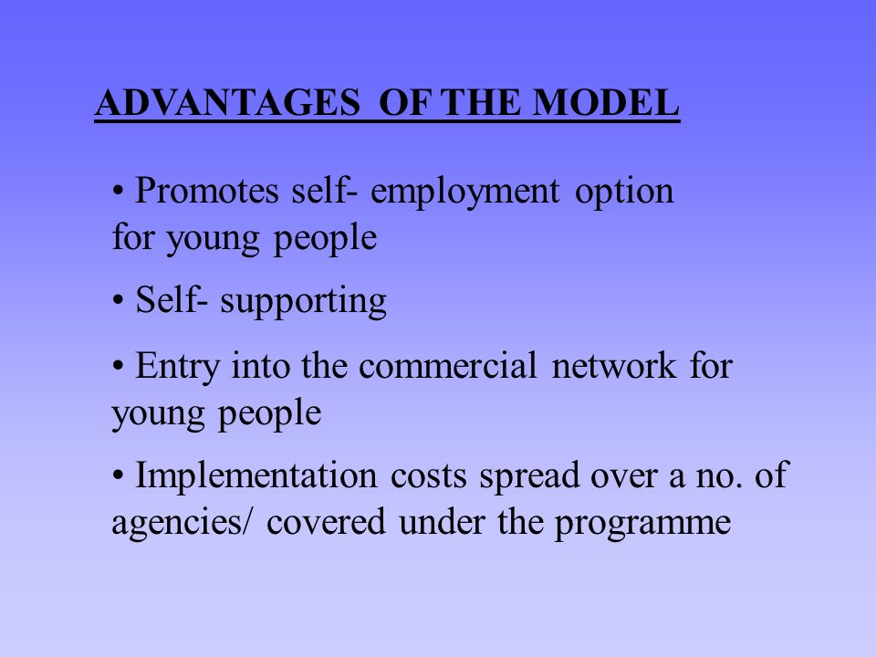 ADVANTAGES OF THE MODEL Promotes self- employment option for young people Self- supporting Entry into the commercial network for young people Implementation costs spread over a no.