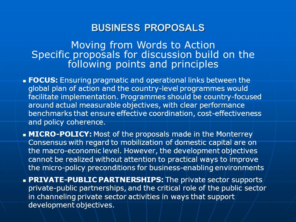 BUSINESS PROPOSALS FOCUS: Ensuring pragmatic and operational links between the global plan of action and the country-level programmes would facilitate implementation.