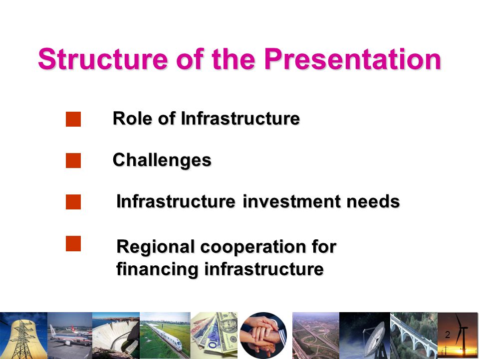 2 Structure of the Presentation Challenges Infrastructure investment needs Role of Infrastructure Regional cooperation for financing infrastructure