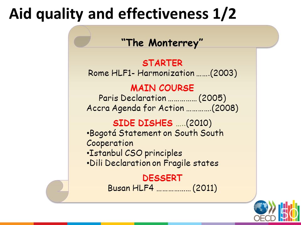 The Monterrey STARTER Rome HLF1- Harmonization …….(2003) MAIN COURSE Paris Declaration …………… (2005) Accra Agenda for Action ………….(2008) SIDE DISHES …..(2010) Bogotá Statement on South South Cooperation Istanbul CSO principles Dili Declaration on Fragile states DESSERT Busan HLF4 ……………… (2011) The Monterrey STARTER Rome HLF1- Harmonization …….(2003) MAIN COURSE Paris Declaration …………… (2005) Accra Agenda for Action ………….(2008) SIDE DISHES …..(2010) Bogotá Statement on South South Cooperation Istanbul CSO principles Dili Declaration on Fragile states DESSERT Busan HLF4 ……………… (2011) Aid quality and effectiveness 1/2