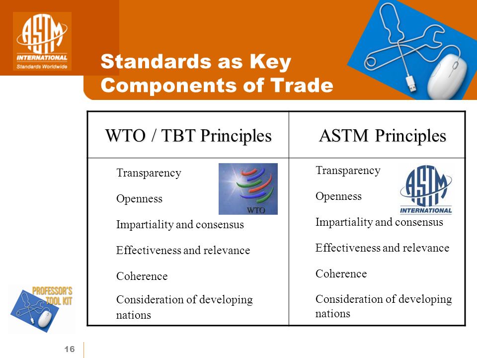16 WTO / TBT Principles ASTM Principles Transparency Openness Impartiality and consensus Effectiveness and relevance Coherence Consideration of developing nations Standards as Key Components of Trade