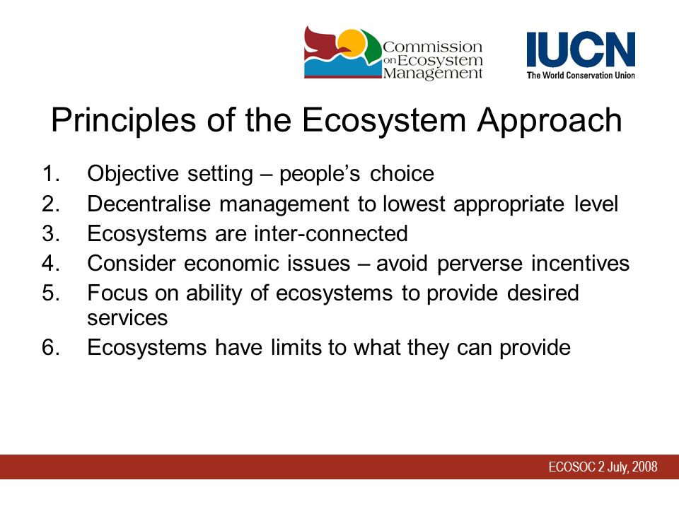 ECOSOC 2 July, 2008 Principles of the Ecosystem Approach 1.Objective setting – peoples choice 2.Decentralise management to lowest appropriate level 3.Ecosystems are inter-connected 4.Consider economic issues – avoid perverse incentives 5.Focus on ability of ecosystems to provide desired services 6.Ecosystems have limits to what they can provide