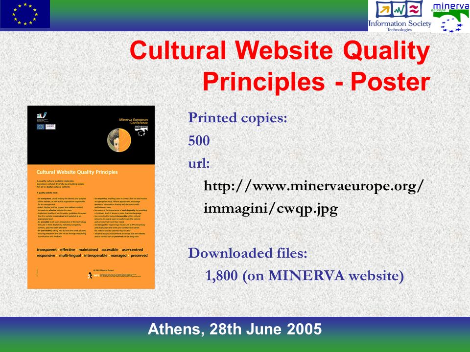 Athens, 28th June 2005 Cultural Website Quality Principles - Poster Printed copies: 500 url:   immagini/cwqp.jpg Downloaded files: 1,800 (on MINERVA website)