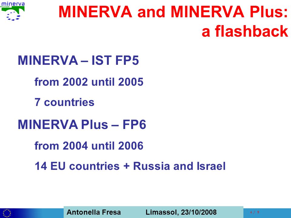 Antonella Fresa, 26/02/2008 Sofia Antonella Fresa Limassol, 23/10/ / 9 MINERVA and MINERVA Plus: a flashback MINERVA – IST FP5 from 2002 until countries MINERVA Plus – FP6 from 2004 until EU countries + Russia and Israel