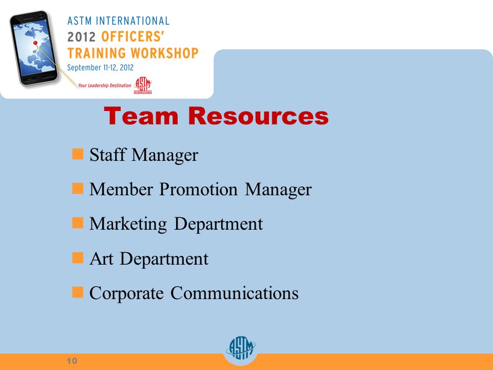 Team Resources Staff Manager Member Promotion Manager Marketing Department Art Department Corporate Communications 10