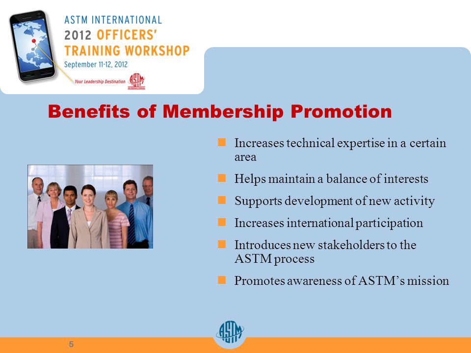 Benefits of Membership Promotion Increases technical expertise in a certain area Helps maintain a balance of interests Supports development of new activity Increases international participation Introduces new stakeholders to the ASTM process Promotes awareness of ASTMs mission 5