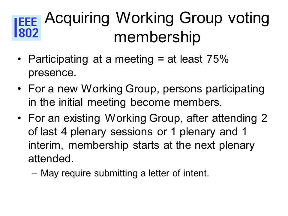 Acquiring Working Group voting membership Participating at a meeting = at least 75% presence.
