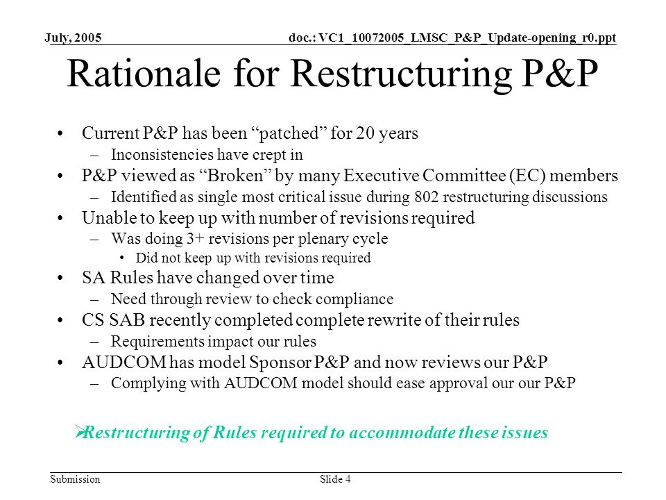 doc.: VC1_ _LMSC_P&P_Update-opening_r0.ppt Submission July, 2005 Slide 4 Rationale for Restructuring P&P Current P&P has been patched for 20 years –Inconsistencies have crept in P&P viewed as Broken by many Executive Committee (EC) members –Identified as single most critical issue during 802 restructuring discussions Unable to keep up with number of revisions required –Was doing 3+ revisions per plenary cycle Did not keep up with revisions required SA Rules have changed over time –Need through review to check compliance CS SAB recently completed complete rewrite of their rules –Requirements impact our rules AUDCOM has model Sponsor P&P and now reviews our P&P –Complying with AUDCOM model should ease approval our our P&P Restructuring of Rules required to accommodate these issues