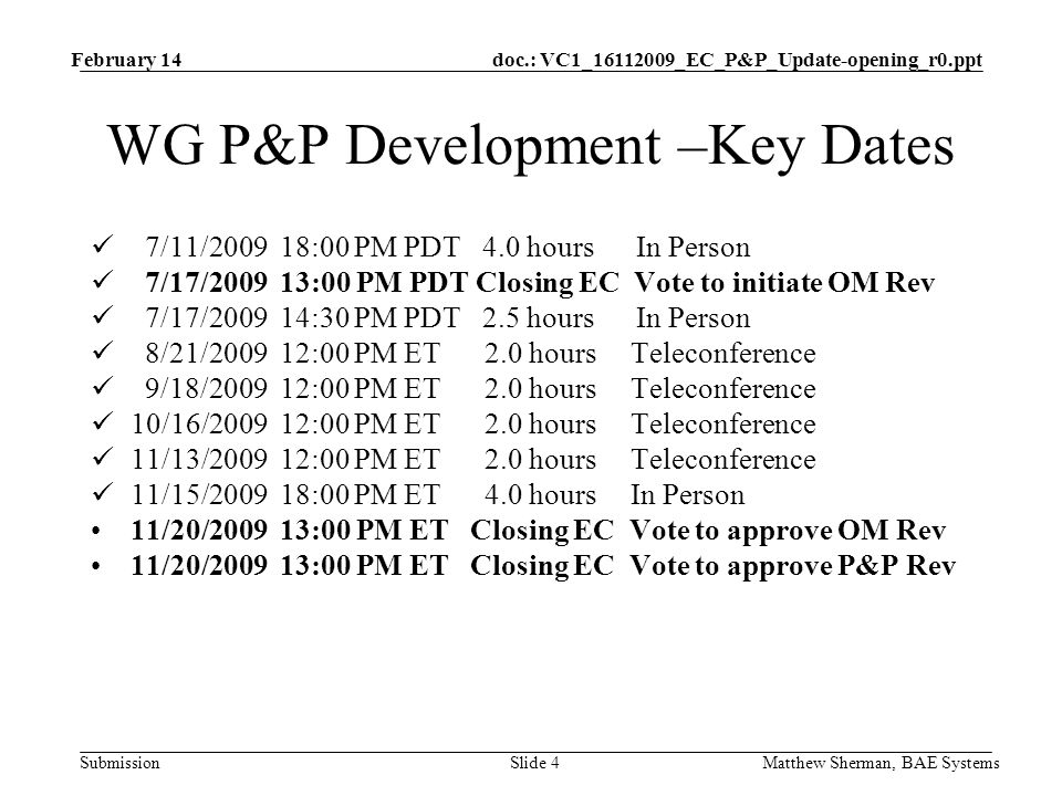doc.: VC1_ _EC_P&P_Update-opening_r0.ppt Submission February 14 Matthew Sherman, BAE SystemsSlide 4 WG P&P Development –Key Dates 7/11/ :00 PM PDT 4.0 hours In Person 7/17/ :00 PM PDT Closing EC Vote to initiate OM Rev 7/17/ :30 PM PDT 2.5 hours In Person 8/21/ :00 PM ET 2.0 hours Teleconference 9/18/ :00 PM ET 2.0 hours Teleconference 10/16/ :00 PM ET 2.0 hours Teleconference 11/13/ :00 PM ET 2.0 hours Teleconference 11/15/ :00 PM ET 4.0 hours In Person 11/20/ :00 PM ET Closing EC Vote to approve OM Rev 11/20/ :00 PM ET Closing EC Vote to approve P&P Rev