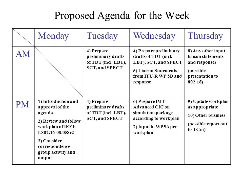 Proposed Agenda for the Week MondayTuesdayWednesdayThursday AM 4) Prepare preliminary drafts of TDT (incl.