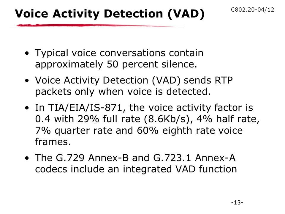 -13- C /12 Voice Activity Detection (VAD) Typical voice conversations contain approximately 50 percent silence.